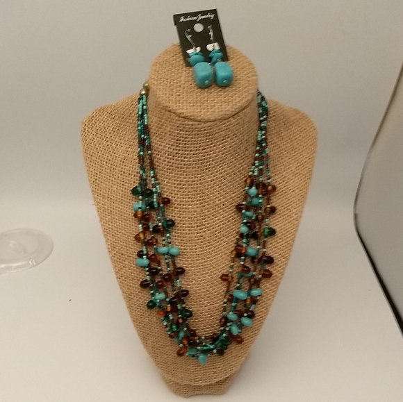 Artisan Multi Tiered VTG Colorful Teal & Amber Glass Bead Necklace & Earring Set - Picture 8 of 10